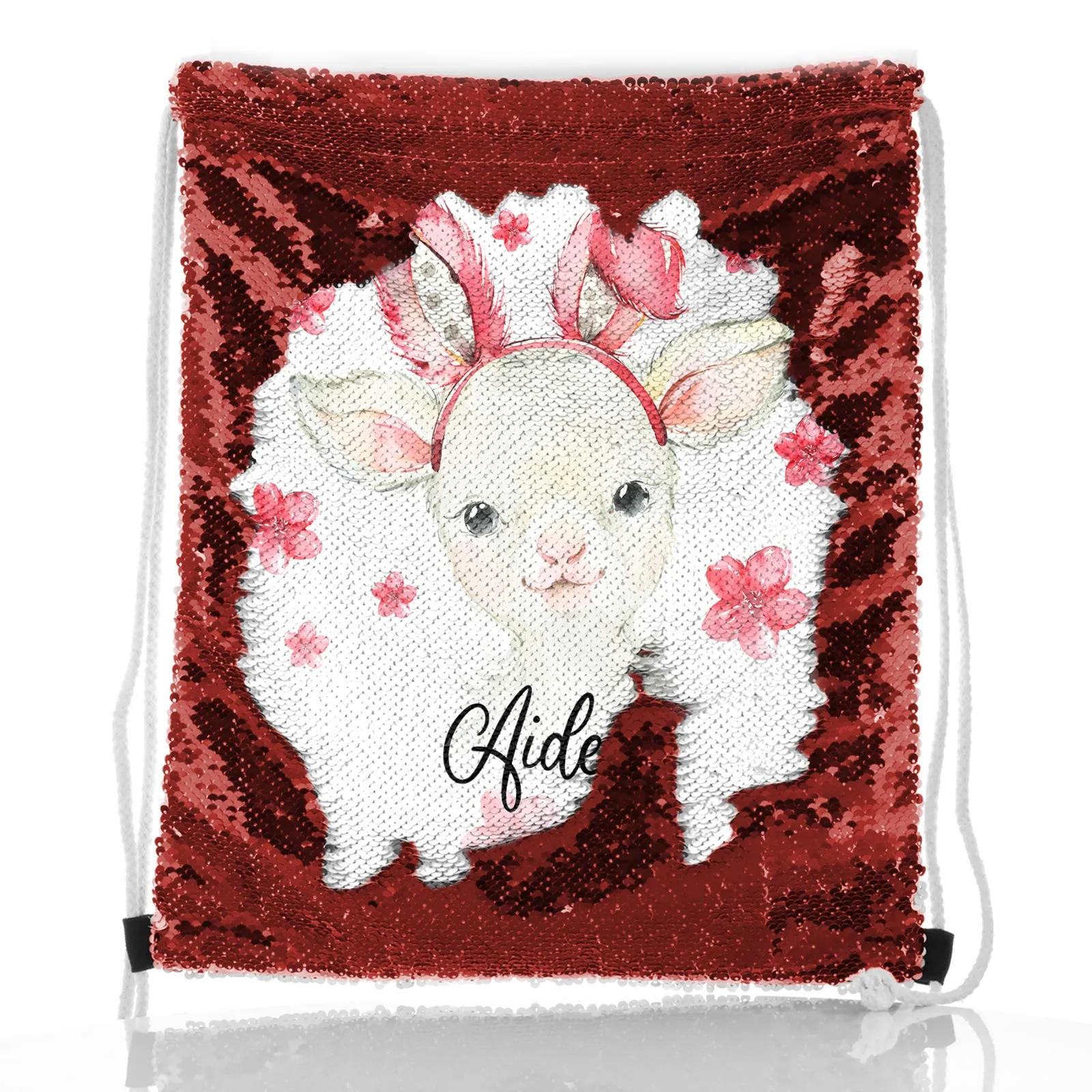 Personalised Sequin Drawstring Backpack with White Lamb Pink Bunny Ears and Flowers and Cute Text