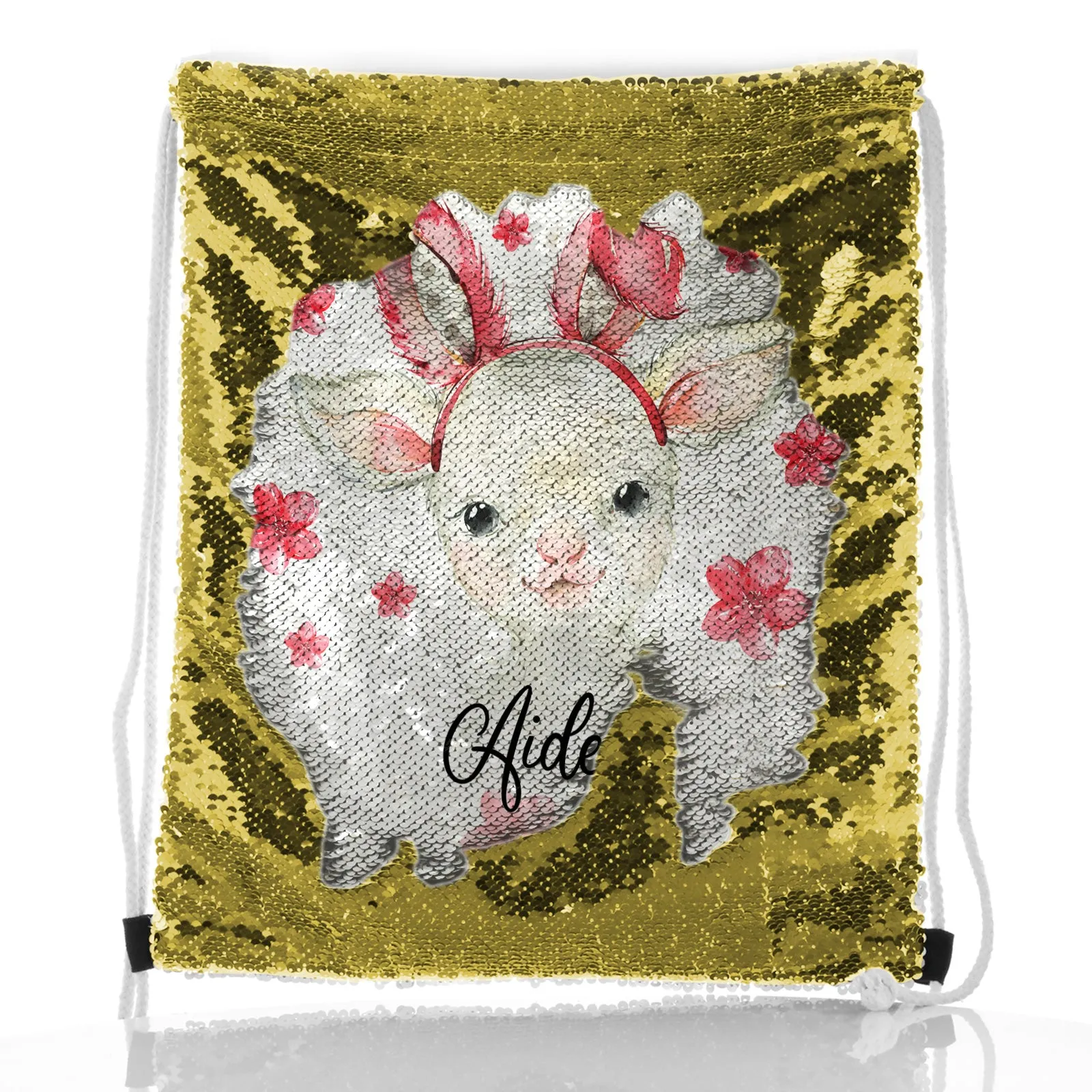 Personalised Sequin Drawstring Backpack with White Lamb Pink Bunny Ears and Flowers and Cute Text
