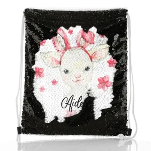 Personalised Sequin Drawstring Backpack with White Lamb Pink Bunny Ears and Flowers and Cute Text