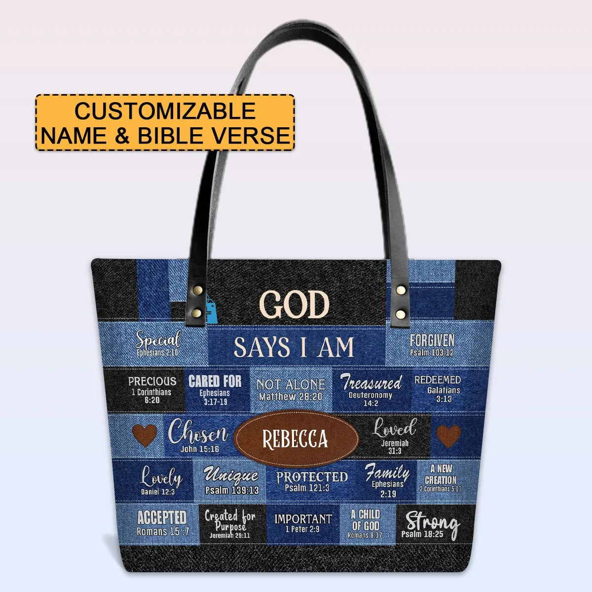 Personalized Leather Tote Bag with Bible Verses – GOD Says I Am – Custom Faith-Inspired Handbag | CHRISTIANARTBAG Leather TOTE Bag