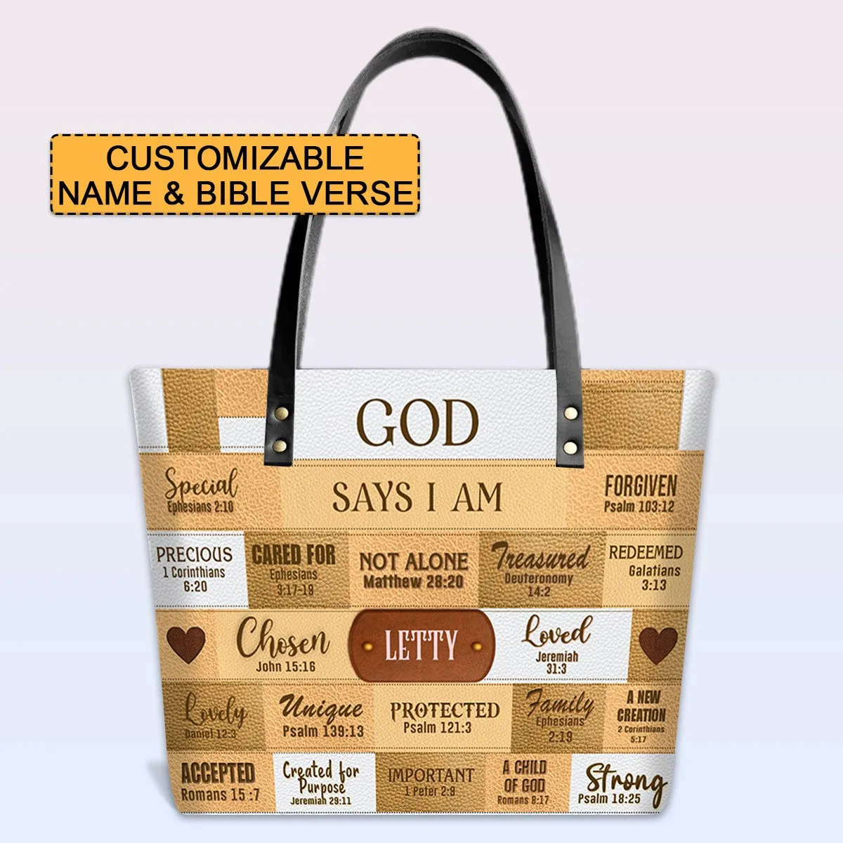 Personalized Leather Tote Bag with Bible Verses – GOD Says I Am – Custom Faith-Inspired Handbag | CHRISTIANARTBAG Leather TOTE Bag