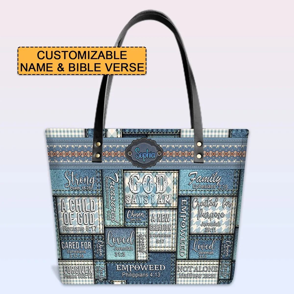Personalized Leather Tote Bag with Bible Verses – GOD Says I Am – Custom Faith-Inspired Handbag | CHRISTIANARTBAG Leather TOTE Bag