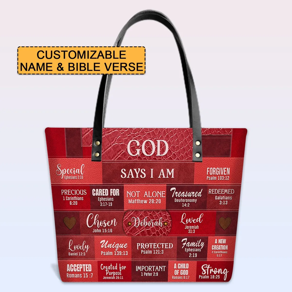 Personalized Leather Tote Bag with Bible Verses – GOD Says I Am – Custom Faith-Inspired Handbag | CHRISTIANARTBAG Leather TOTE Bag