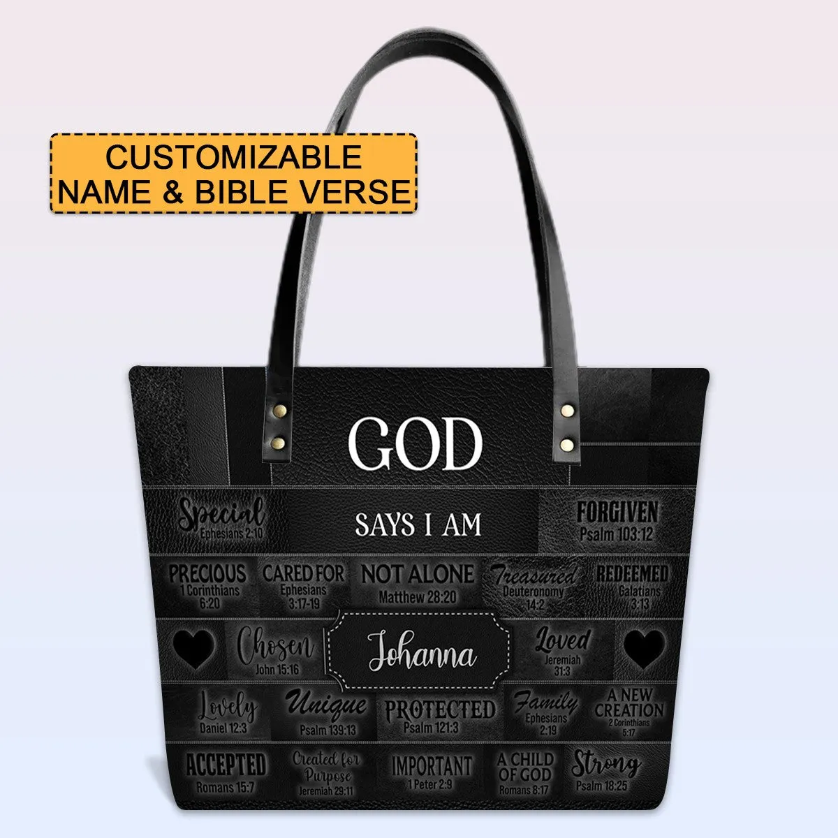 Personalized Leather Tote Bag with Bible Verses – GOD Says I Am – Custom Faith-Inspired Handbag | CHRISTIANARTBAG Leather TOTE Bag