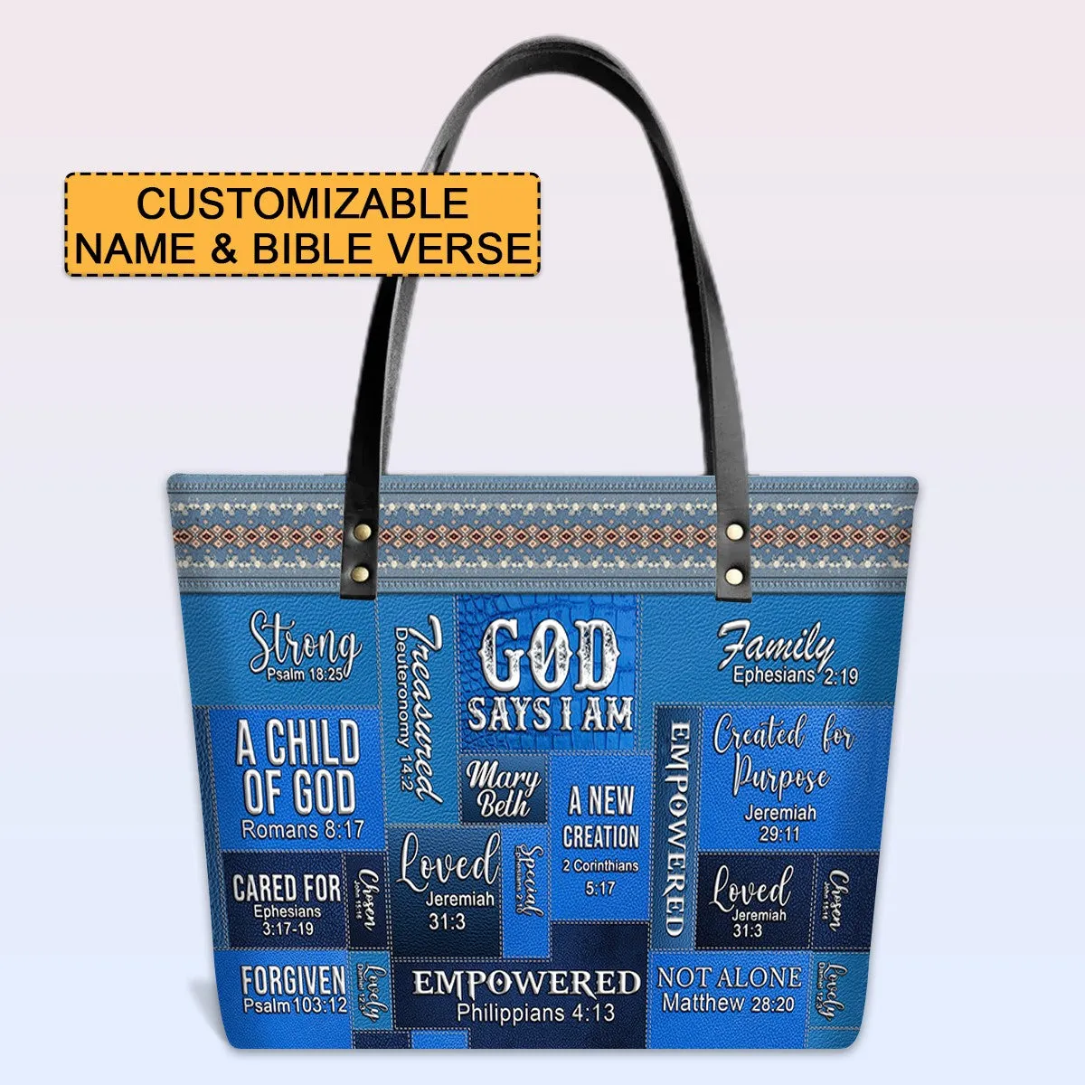 Personalized Leather Tote Bag with Bible Verses – GOD Says I Am – Custom Faith-Inspired Handbag | CHRISTIANARTBAG Leather TOTE Bag