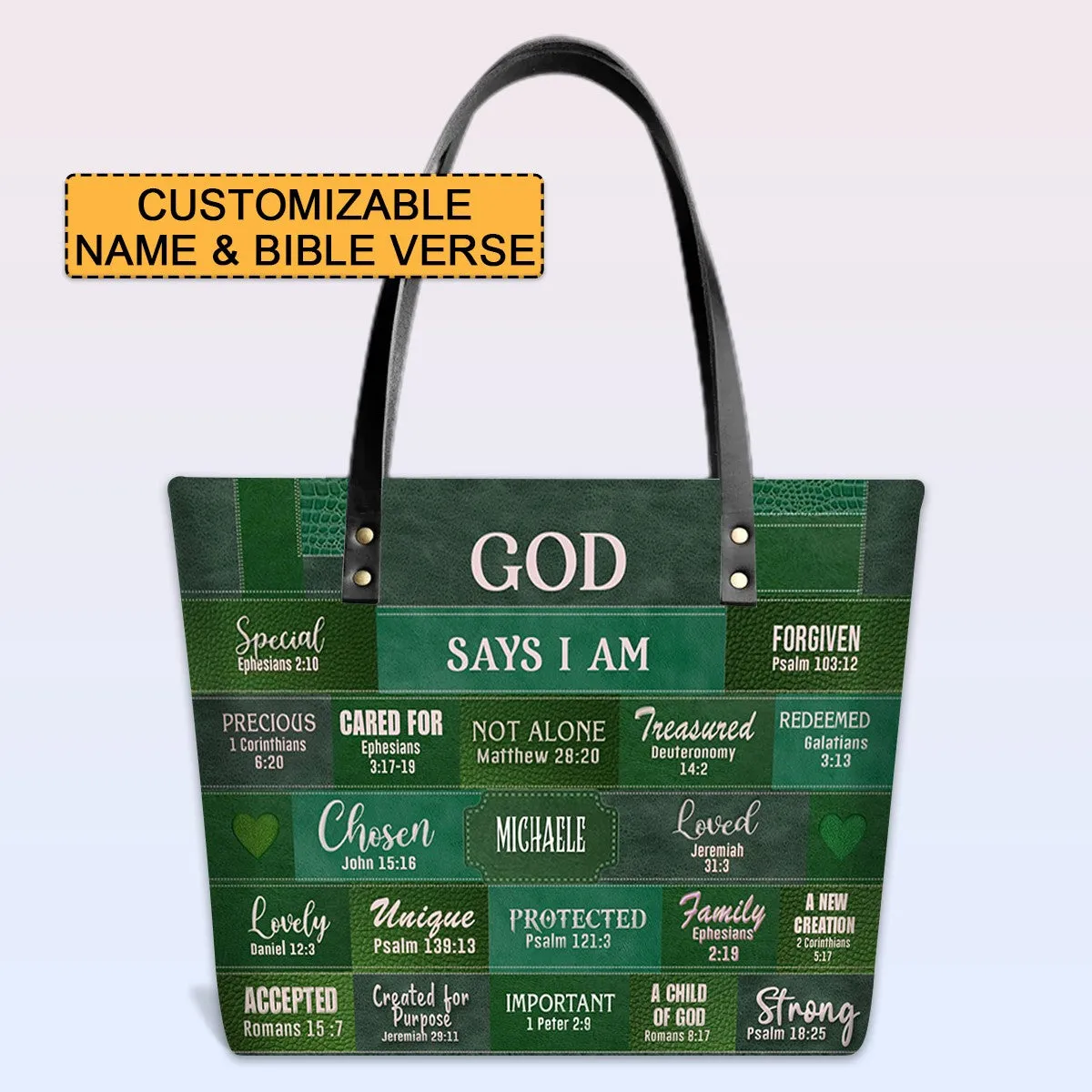 Personalized Leather Tote Bag with Bible Verses – GOD Says I Am – Custom Faith-Inspired Handbag | CHRISTIANARTBAG Leather TOTE Bag