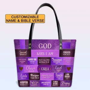 Personalized Leather Tote Bag with Bible Verses – GOD Says I Am – Custom Faith-Inspired Handbag | CHRISTIANARTBAG Leather TOTE Bag