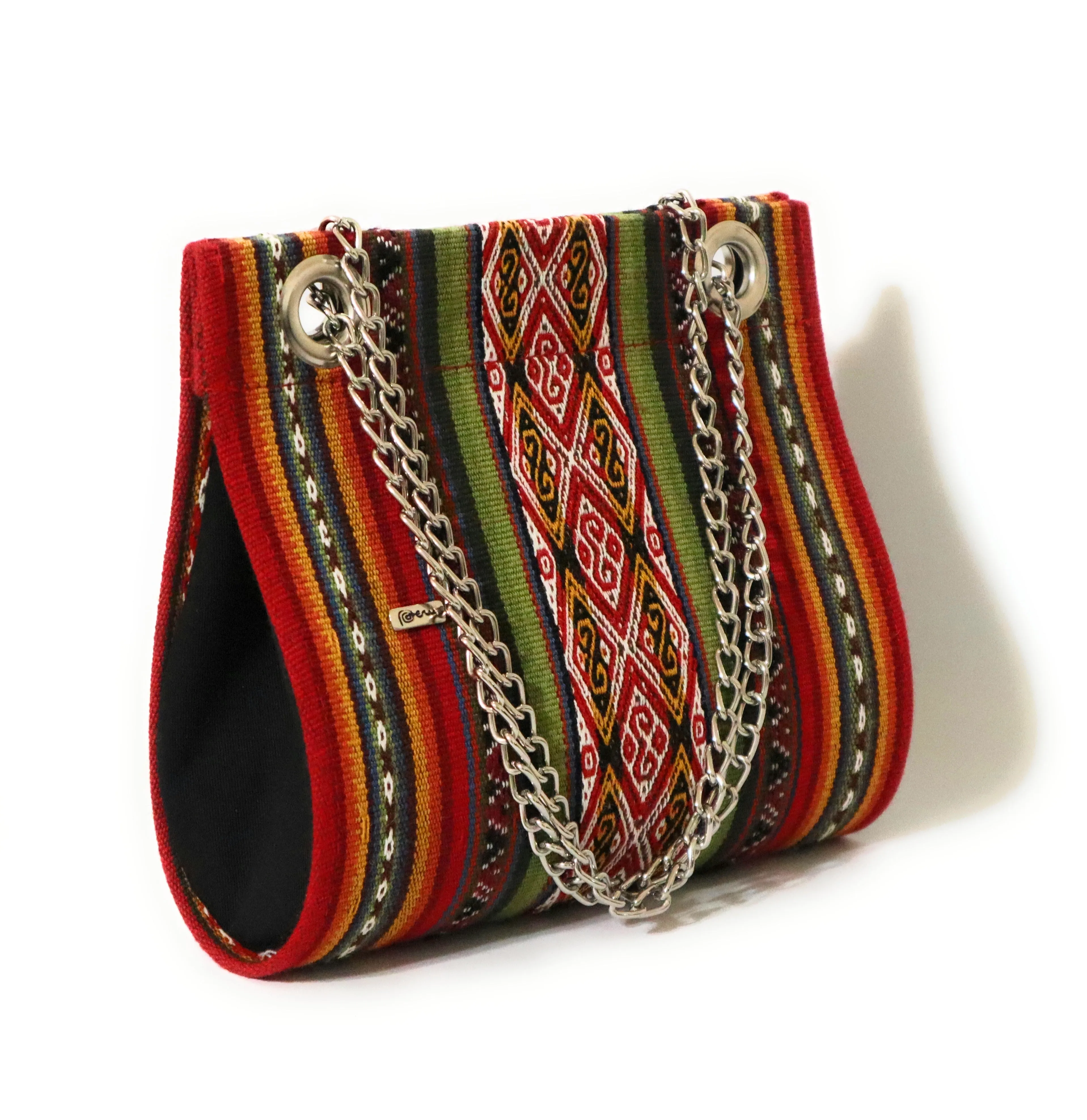 Peruvian Handbag and Shoulder Bag made with Pallay, Traditional Handwoven Textile of the Andes. Drop Shape 9" Tall