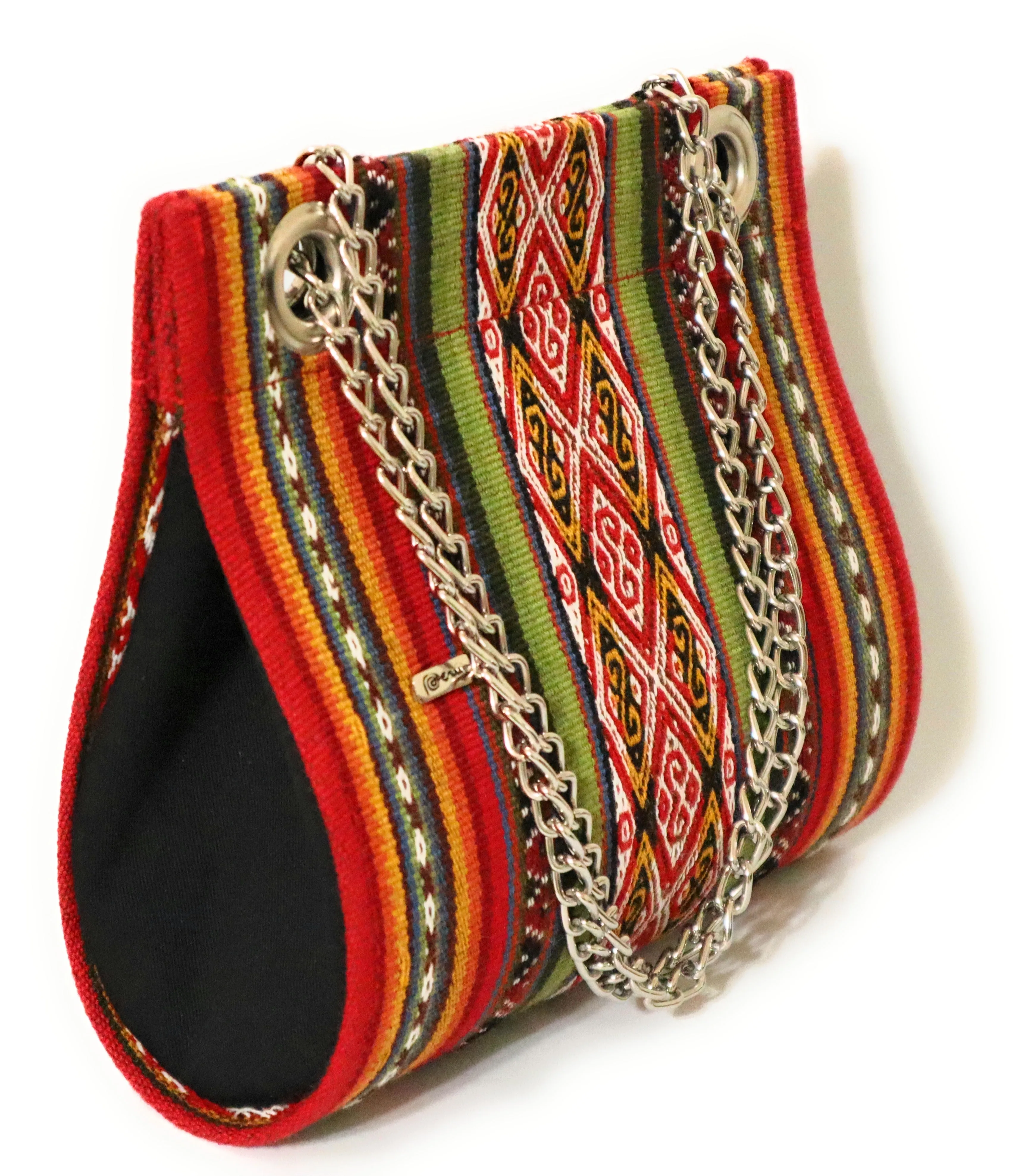 Peruvian Handbag and Shoulder Bag made with Pallay, Traditional Handwoven Textile of the Andes. Drop Shape 9" Tall