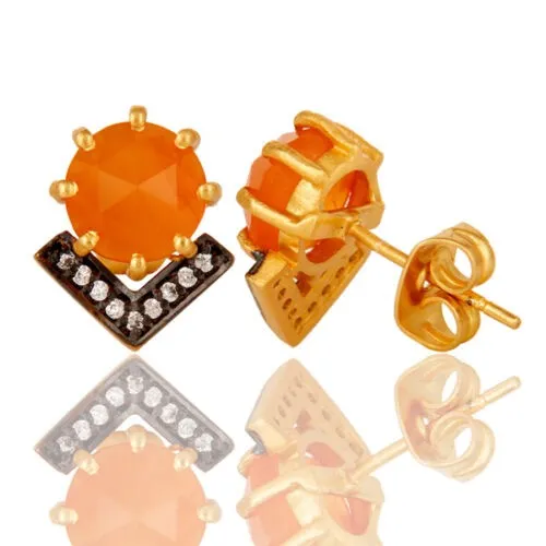 Petite Orange Carnelian and Rhodium Gold Stud Earrings