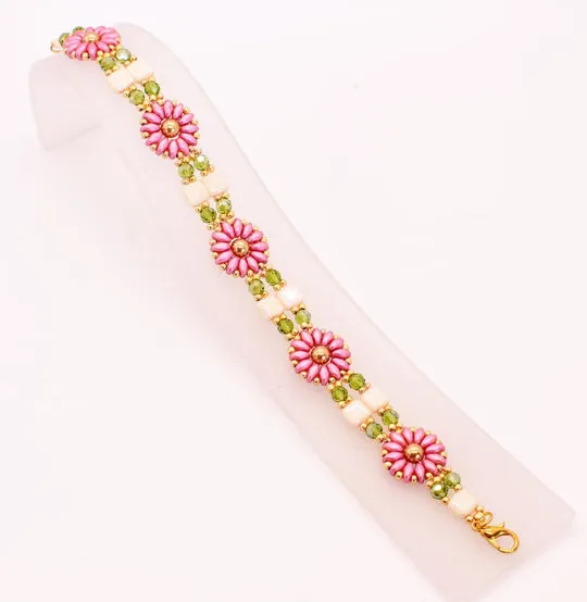 Pink, Gold, Green & Ivory Daisy Block Link Bracelet