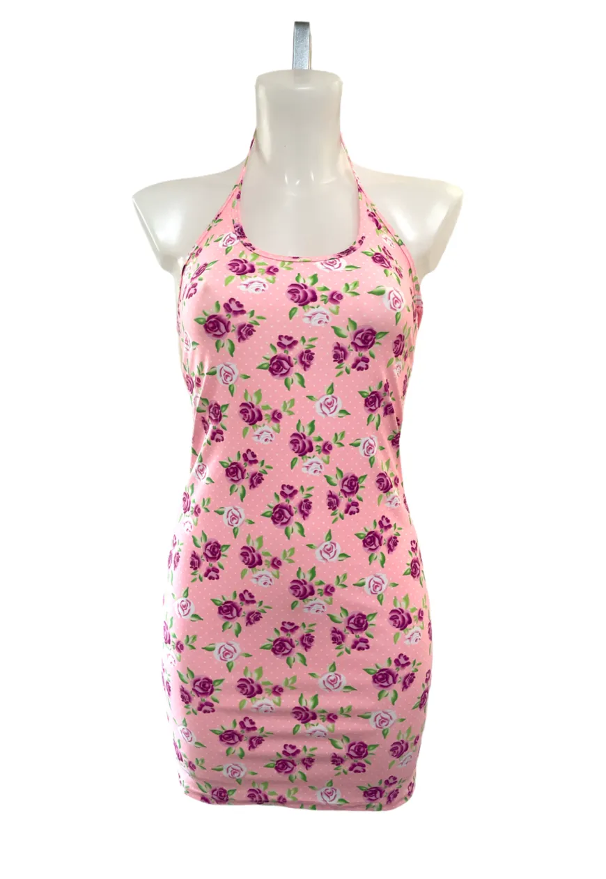 PINK ROSE HALTER MINI DRESS