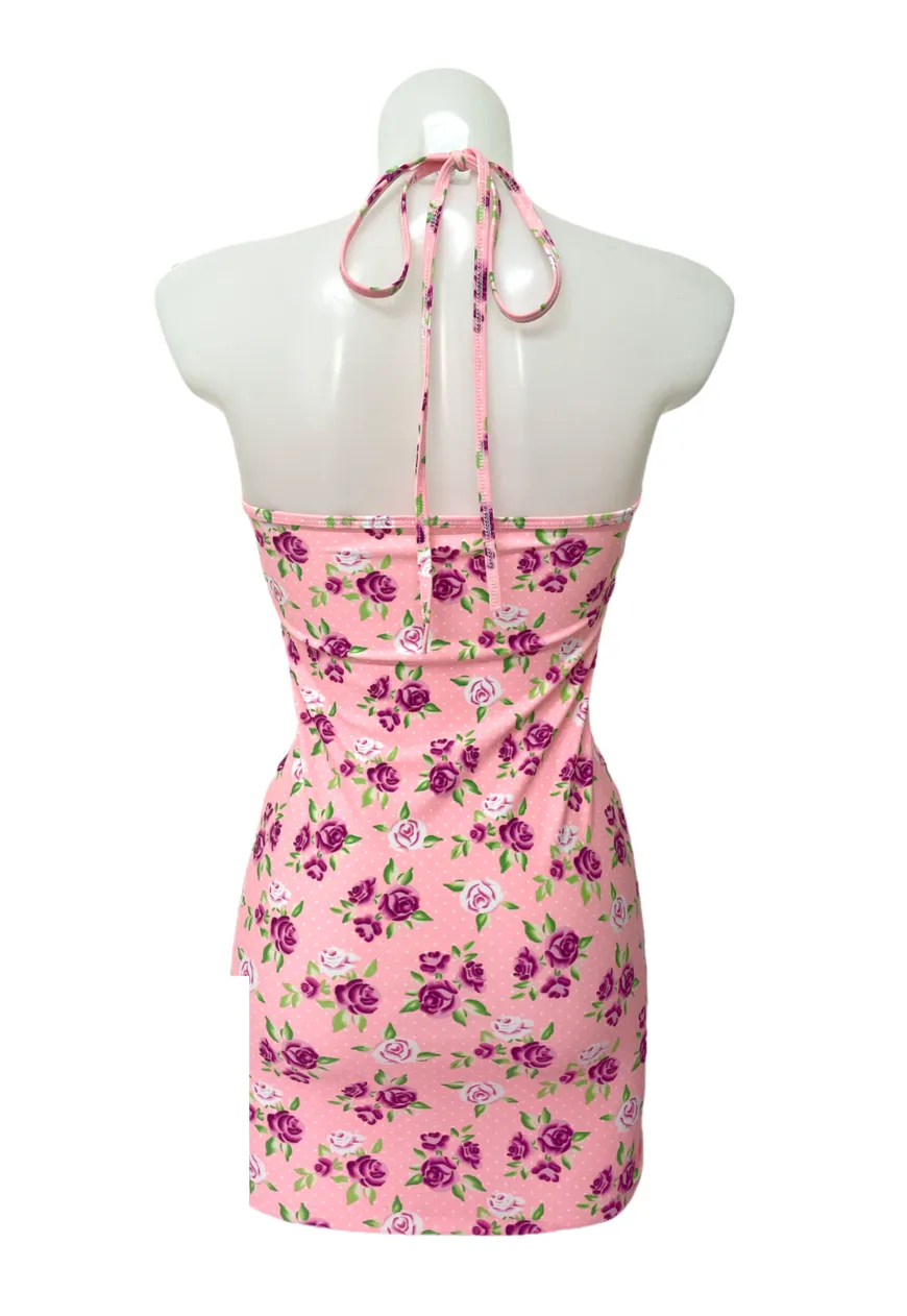 PINK ROSE HALTER MINI DRESS