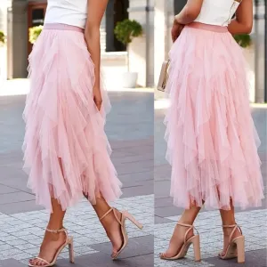 Pink Tulle Midi Maxi Ruffled Tutu Trendy Fashion Skirt