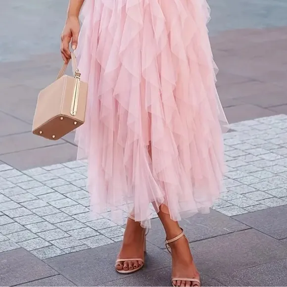 Pink Tulle Midi Maxi Ruffled Tutu Trendy Fashion Skirt
