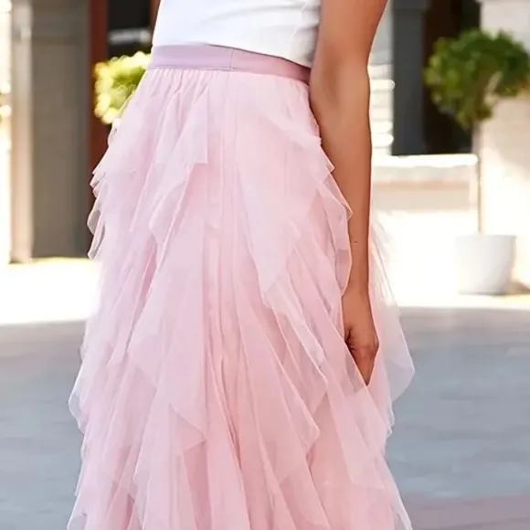 Pink Tulle Midi Maxi Ruffled Tutu Trendy Fashion Skirt