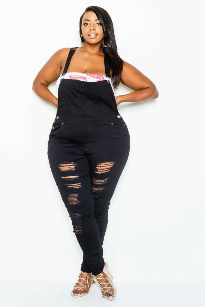 Plus Size Trendy Distressed Twill Overall