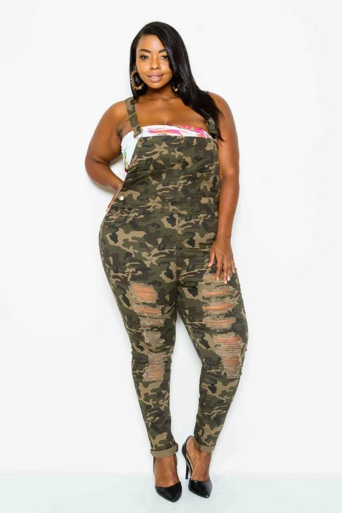 Plus Size Trendy Distressed Twill Overall