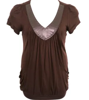 Plus Size V Collar Layered Loose Brown Top