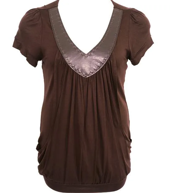 Plus Size V Collar Layered Loose Brown Top