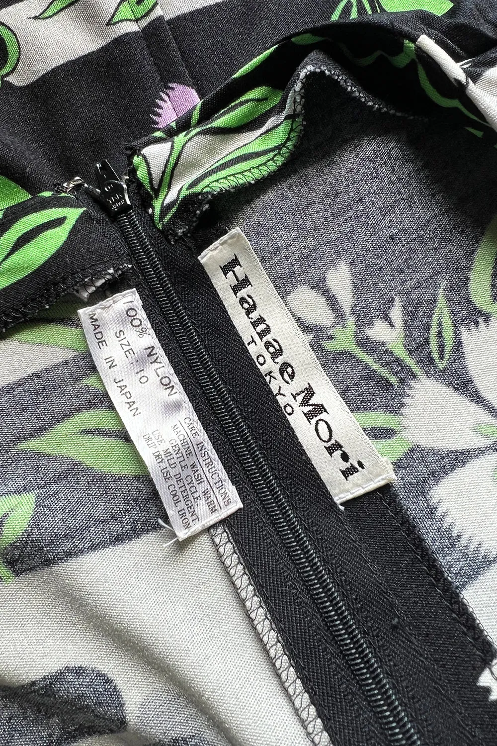 Prettiest 1970s Hanae Mori Printed Black & Green Floral Easy to Wear Jersey Dress