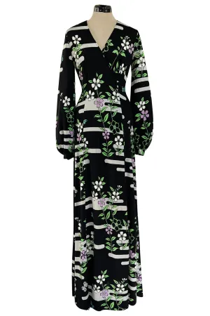 Prettiest 1970s Hanae Mori Printed Black & Green Floral Easy to Wear Jersey Dress