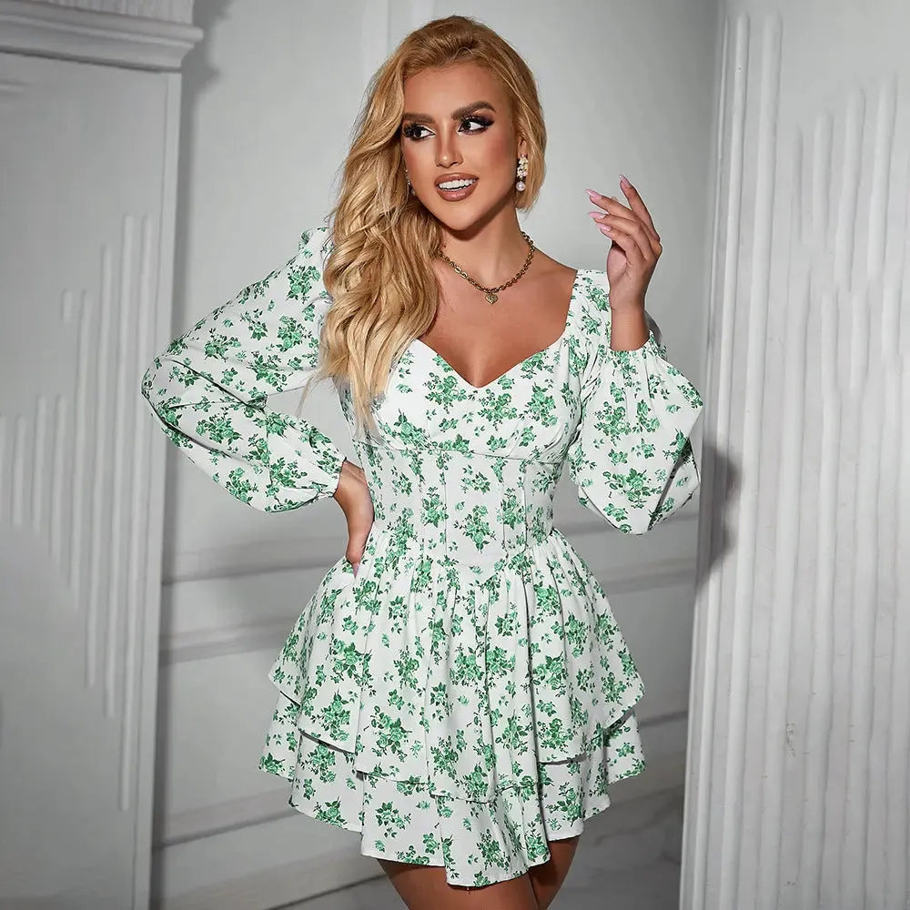 Printed Mini Dress - Vacation Long Sleeve Dress