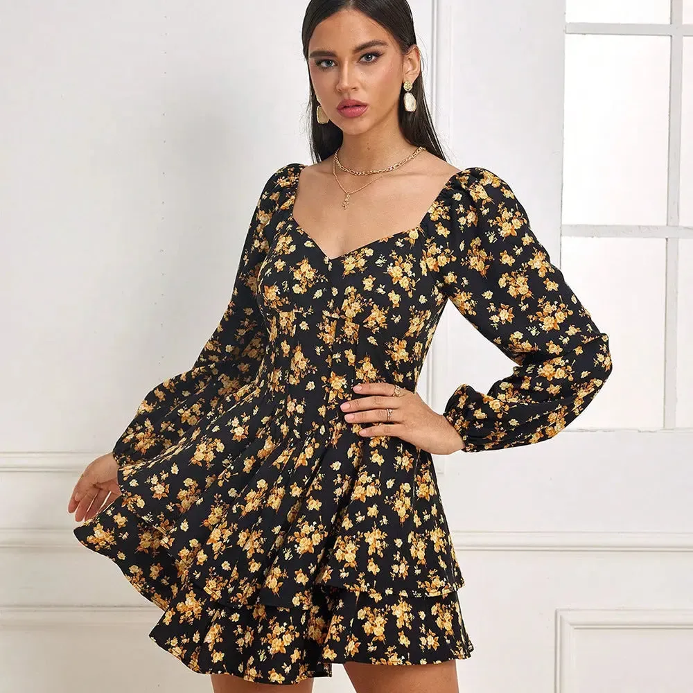 Printed Mini Dress - Vacation Long Sleeve Dress