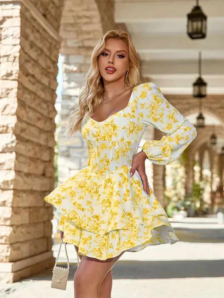 Printed Mini Dress - Vacation Long Sleeve Dress