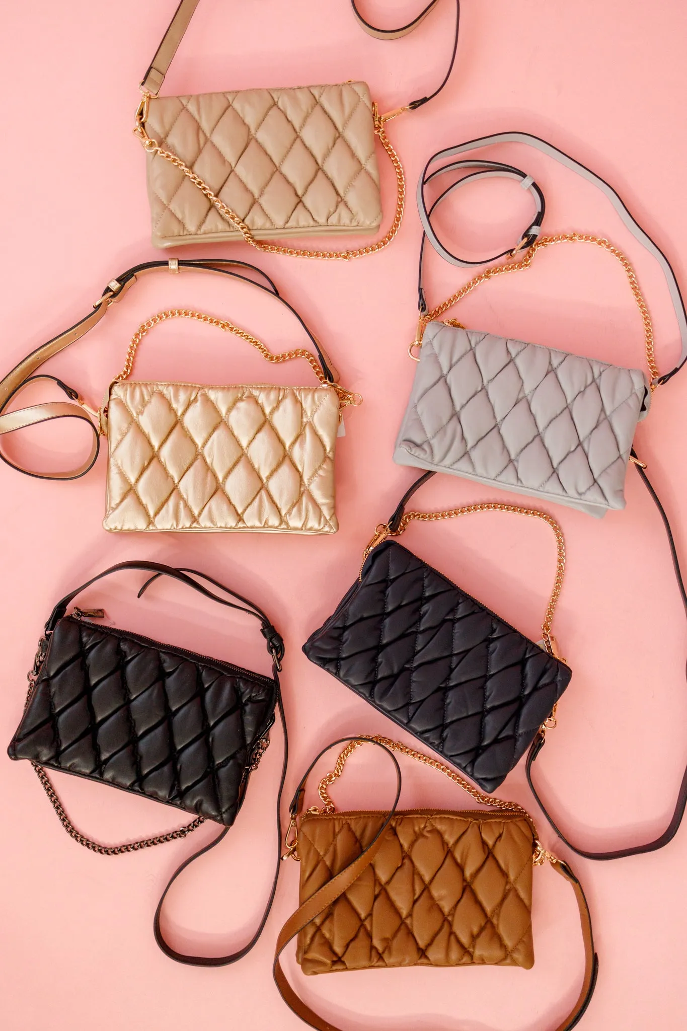 Puffer Quilted Crossbody Chain Purse, VARIOUS