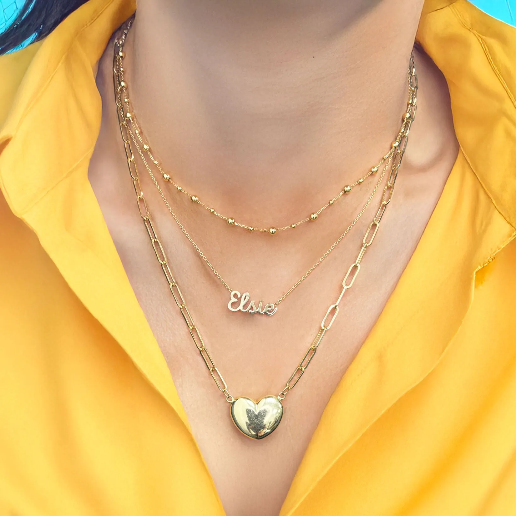 Puffy Gold Paperclip Heart Necklace