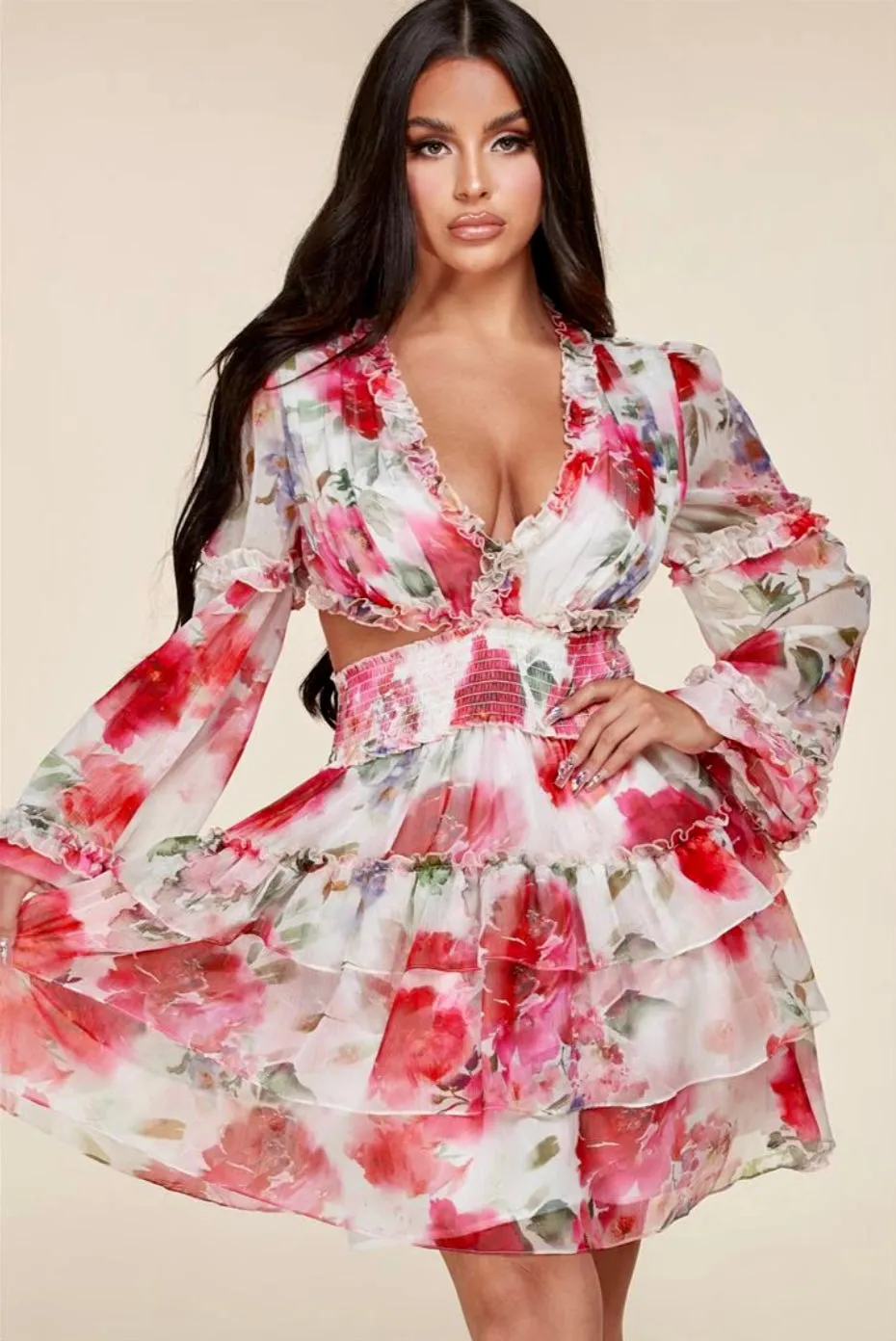 "ANGELIQUE" FLORAL PRINT CHIFFON MINI DRESS