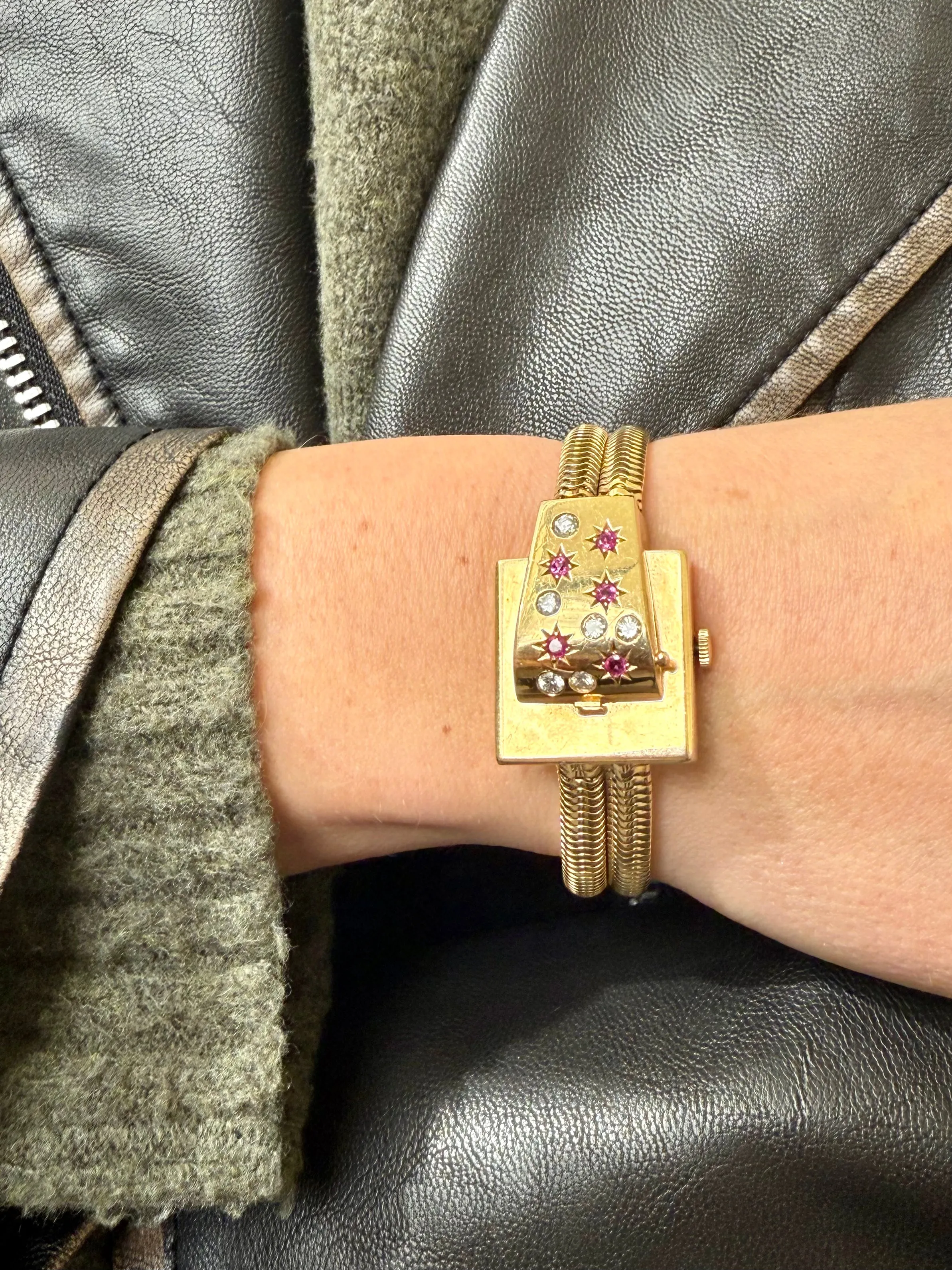 Retro Ruby & Diamond Flip Watch Bracelet, 14k