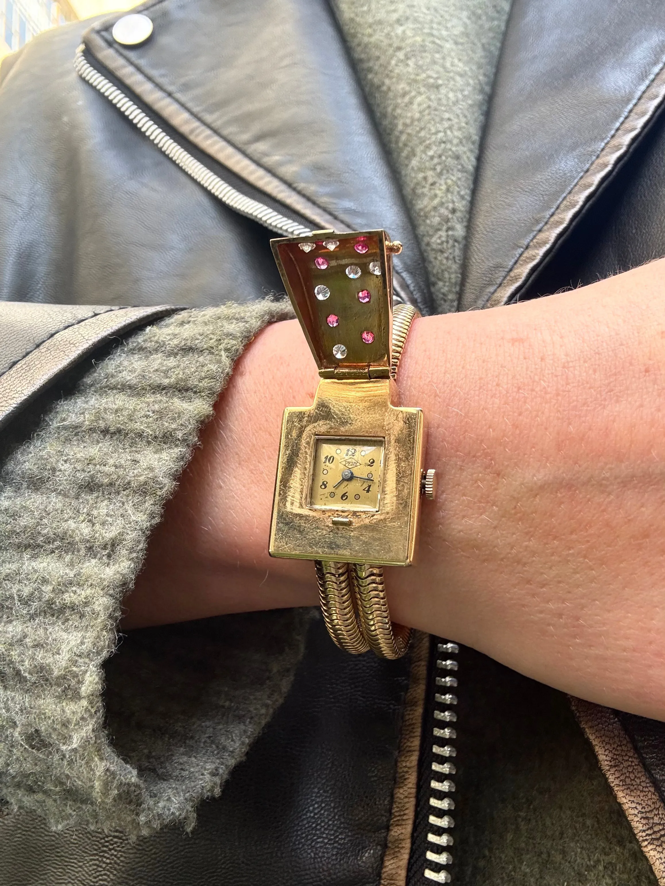 Retro Ruby & Diamond Flip Watch Bracelet, 14k