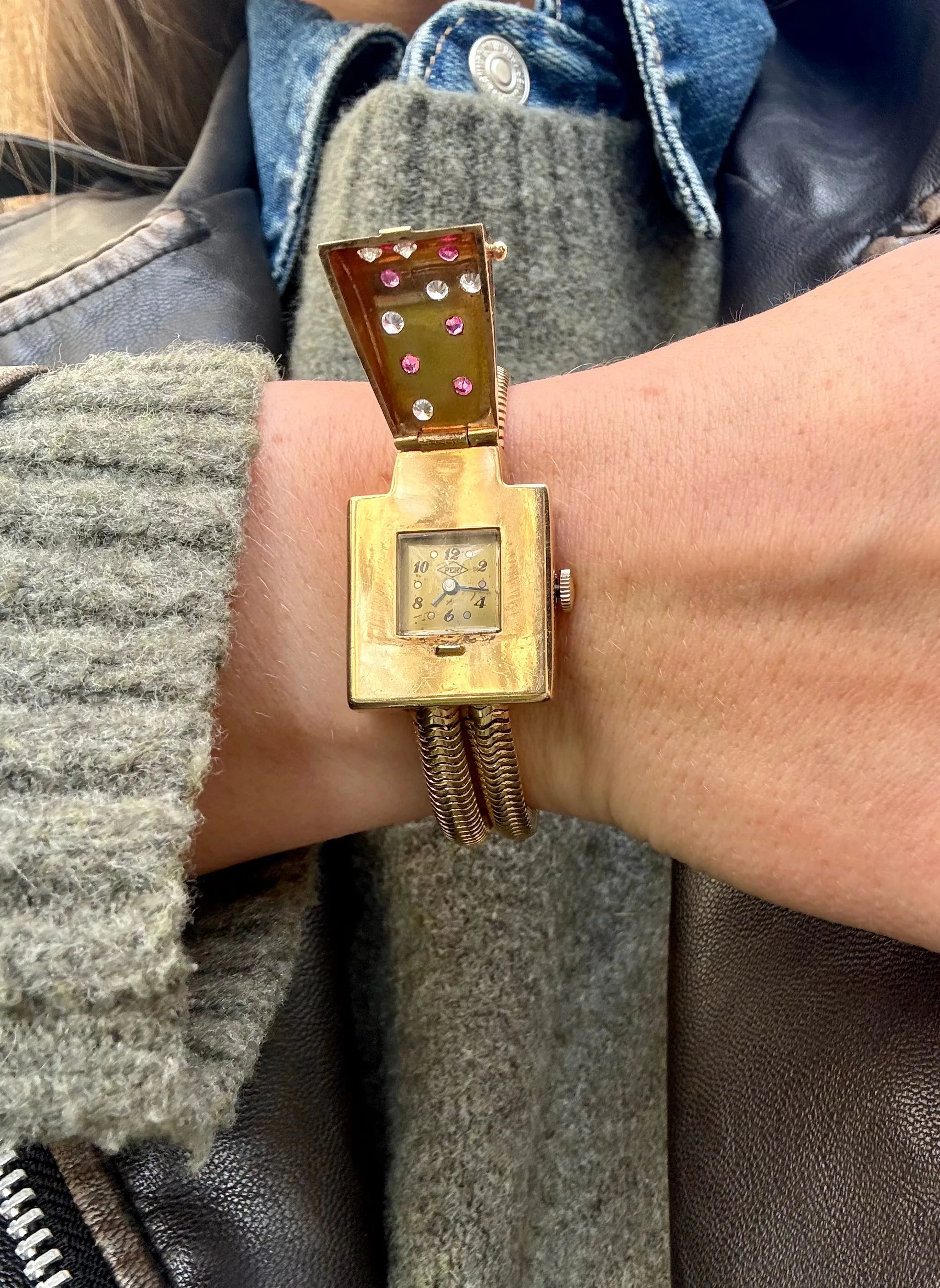 Retro Ruby & Diamond Flip Watch Bracelet, 14k