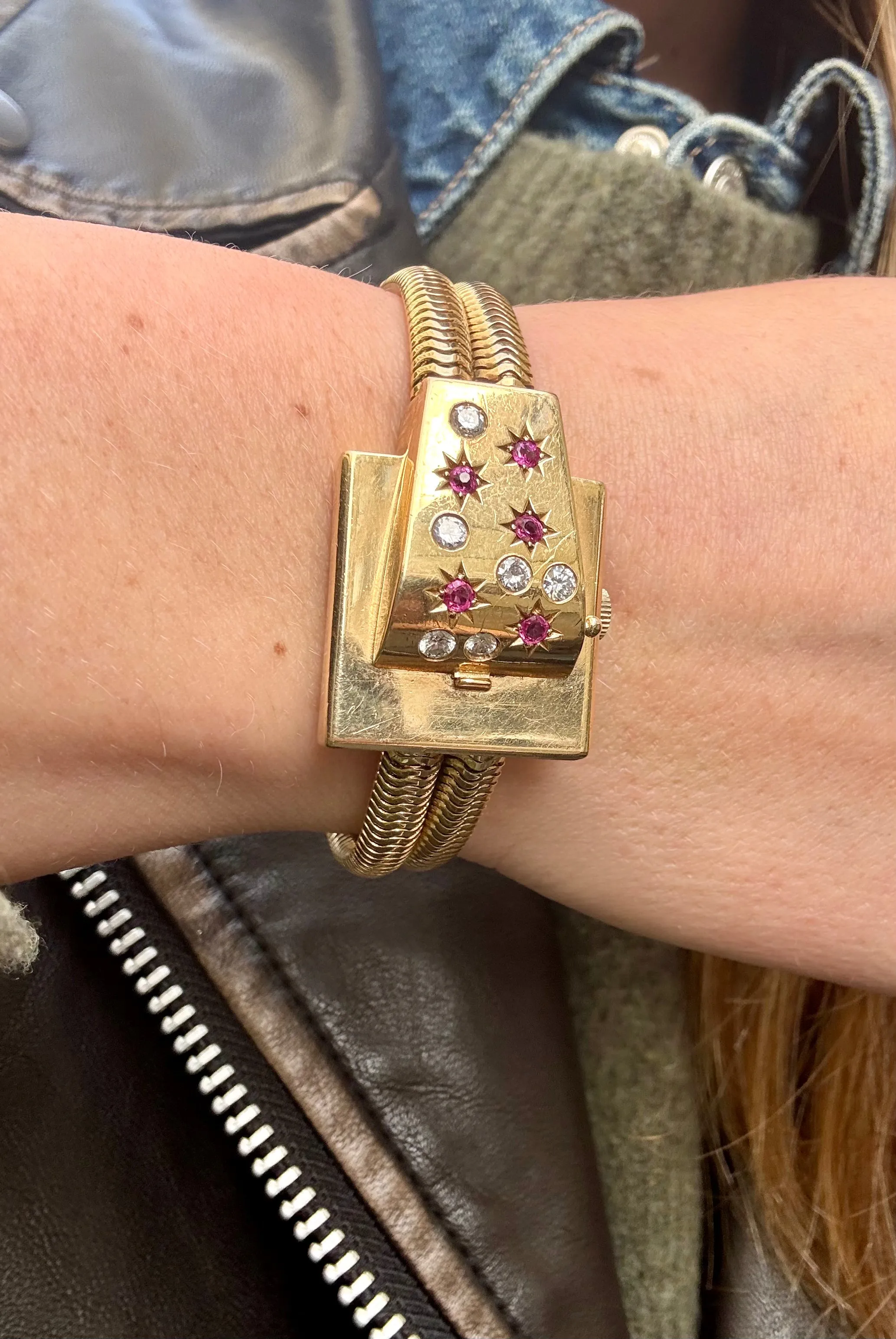 Retro Ruby & Diamond Flip Watch Bracelet, 14k