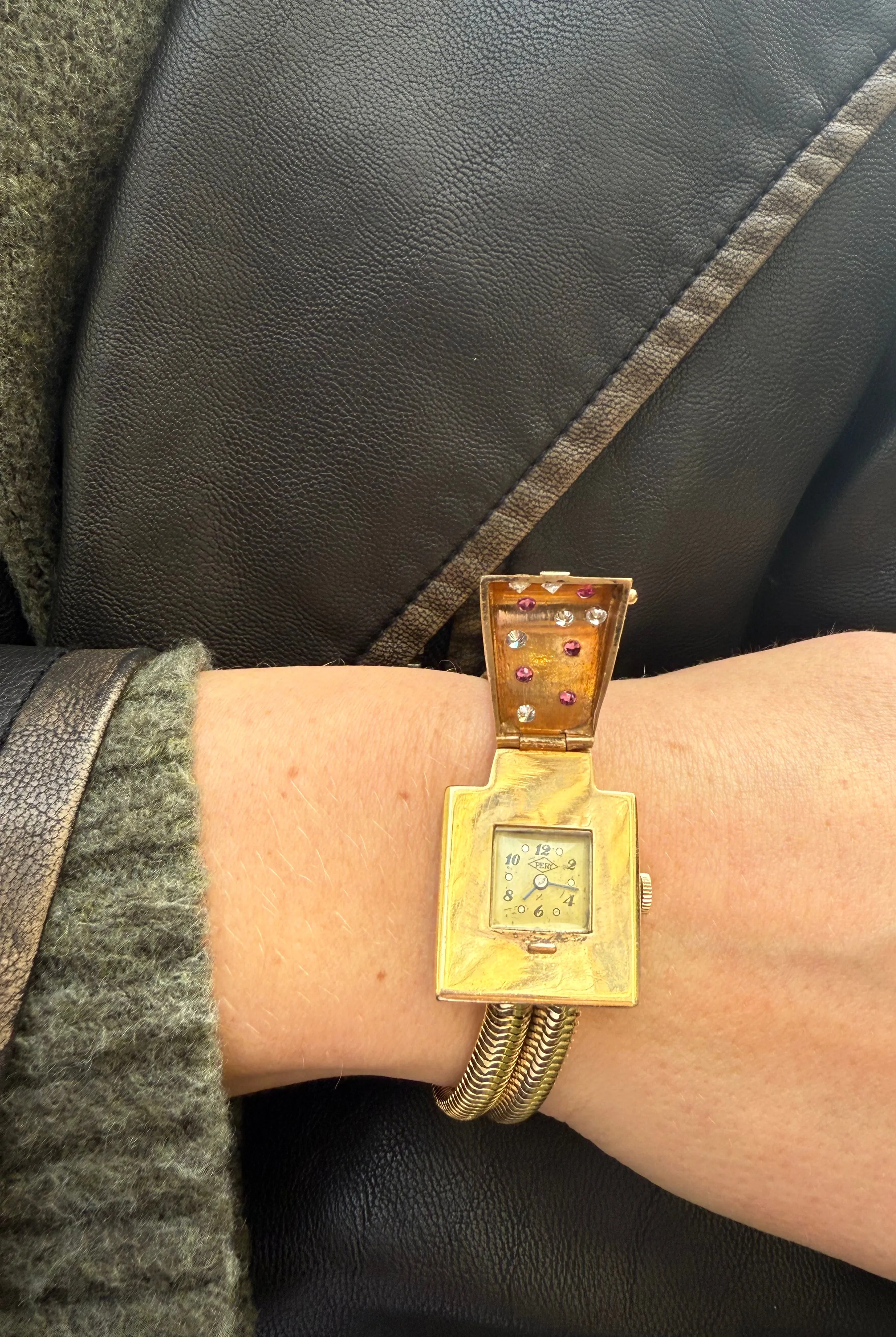 Retro Ruby & Diamond Flip Watch Bracelet, 14k