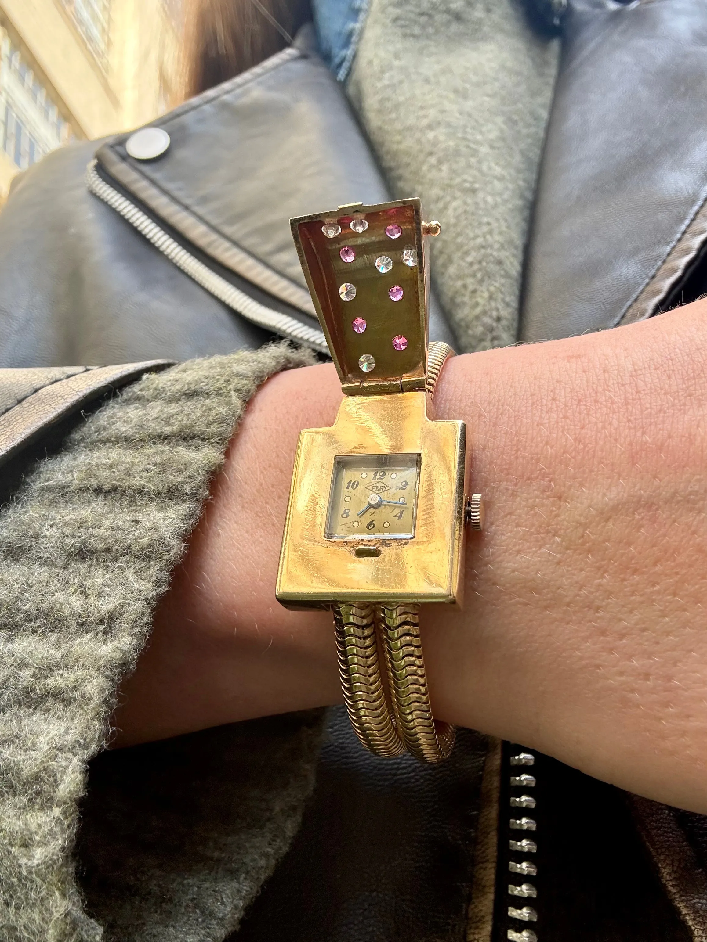 Retro Ruby & Diamond Flip Watch Bracelet, 14k