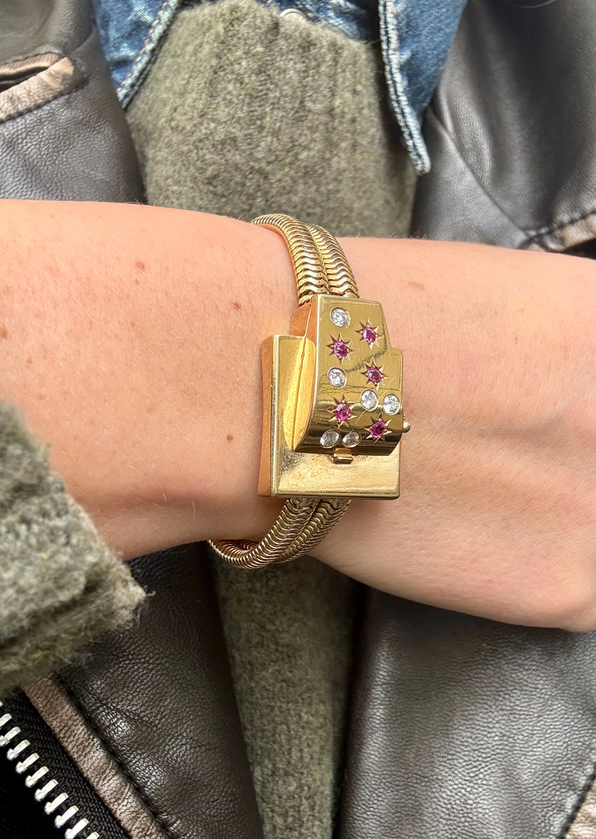 Retro Ruby & Diamond Flip Watch Bracelet, 14k