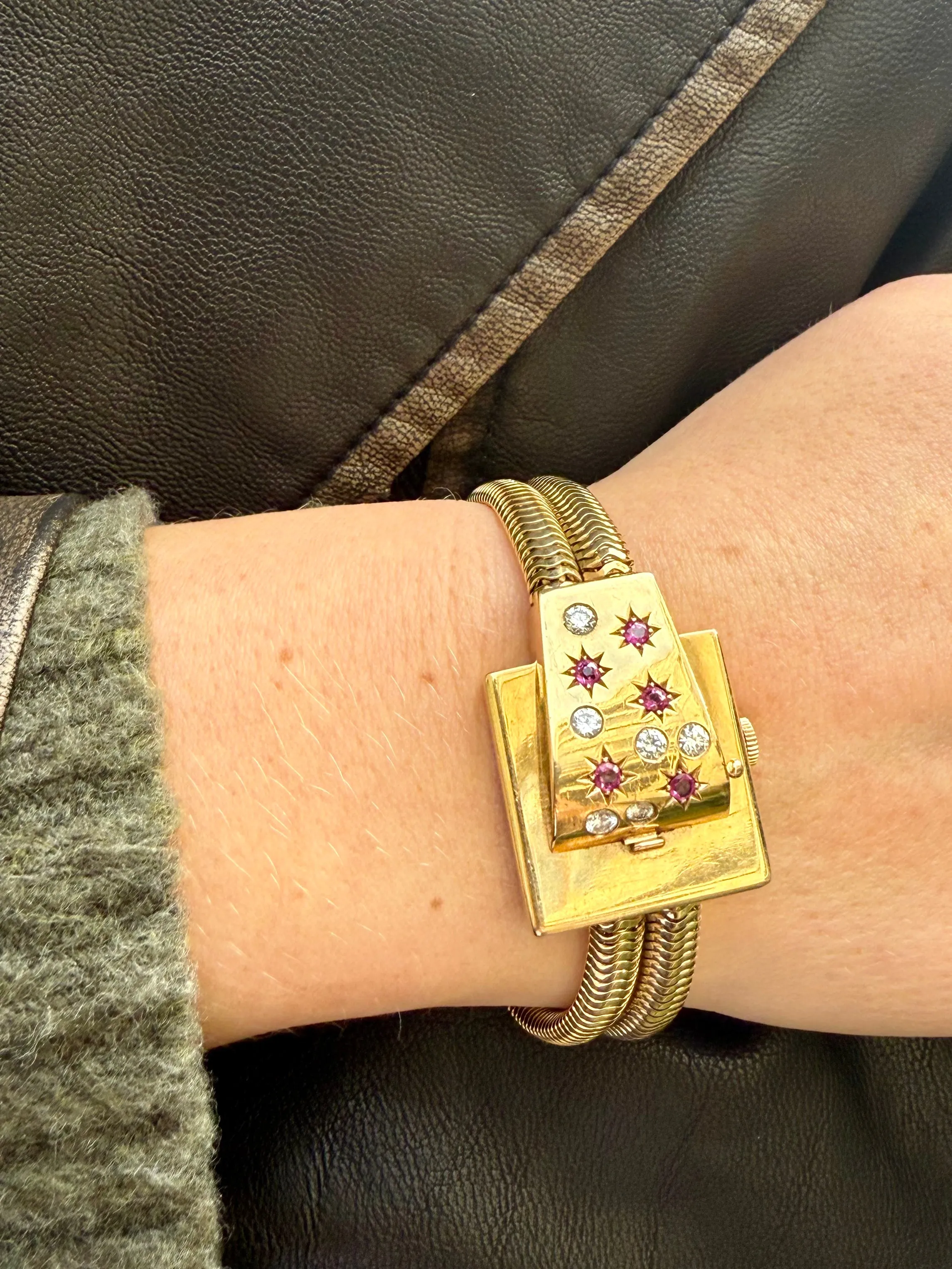 Retro Ruby & Diamond Flip Watch Bracelet, 14k
