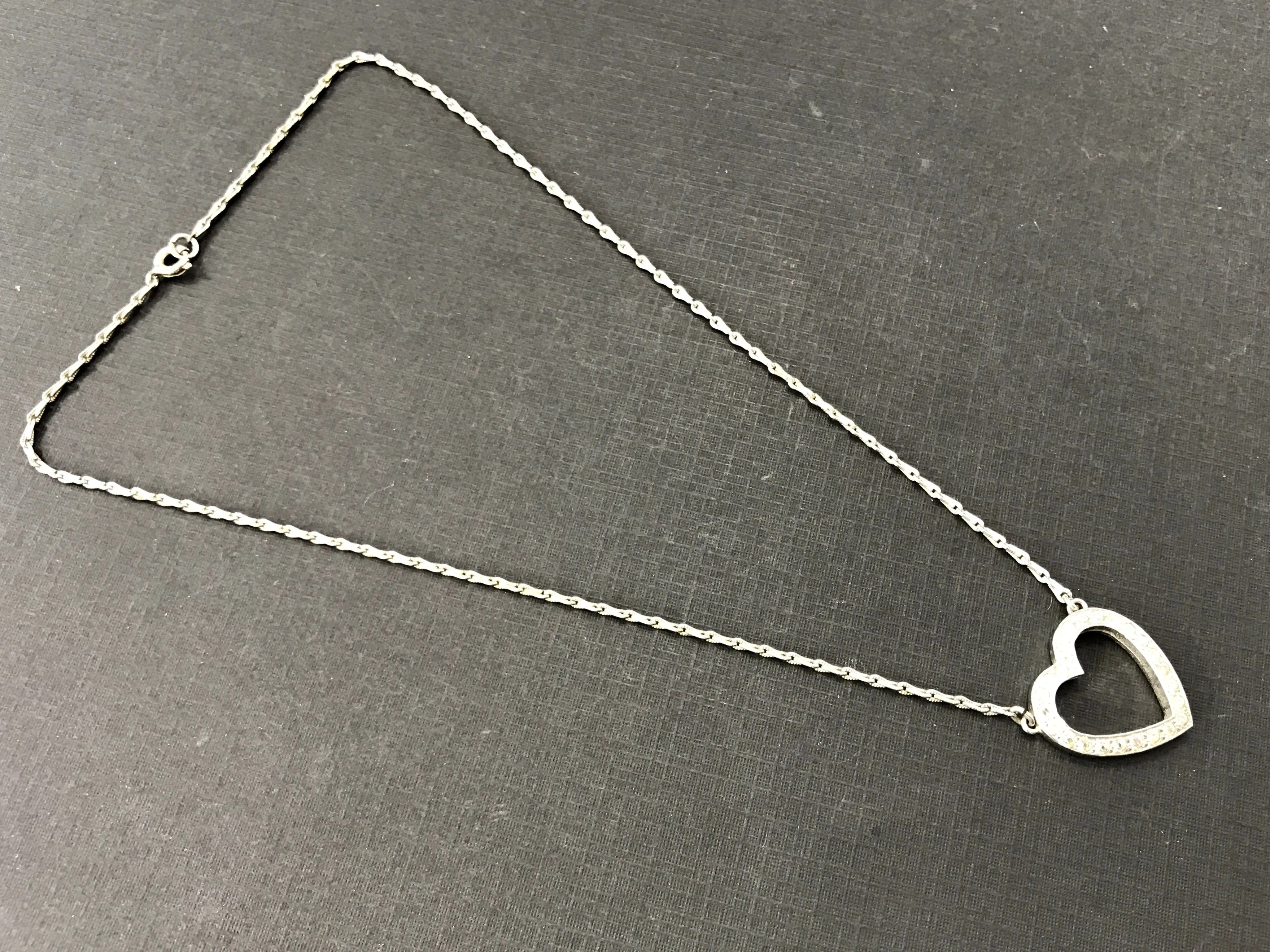 Retro Sterling Silver Rhinestone Open Heart Necklace c.1930's