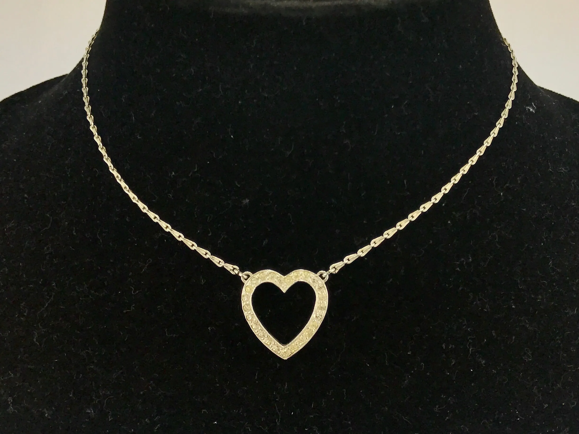 Retro Sterling Silver Rhinestone Open Heart Necklace c.1930's