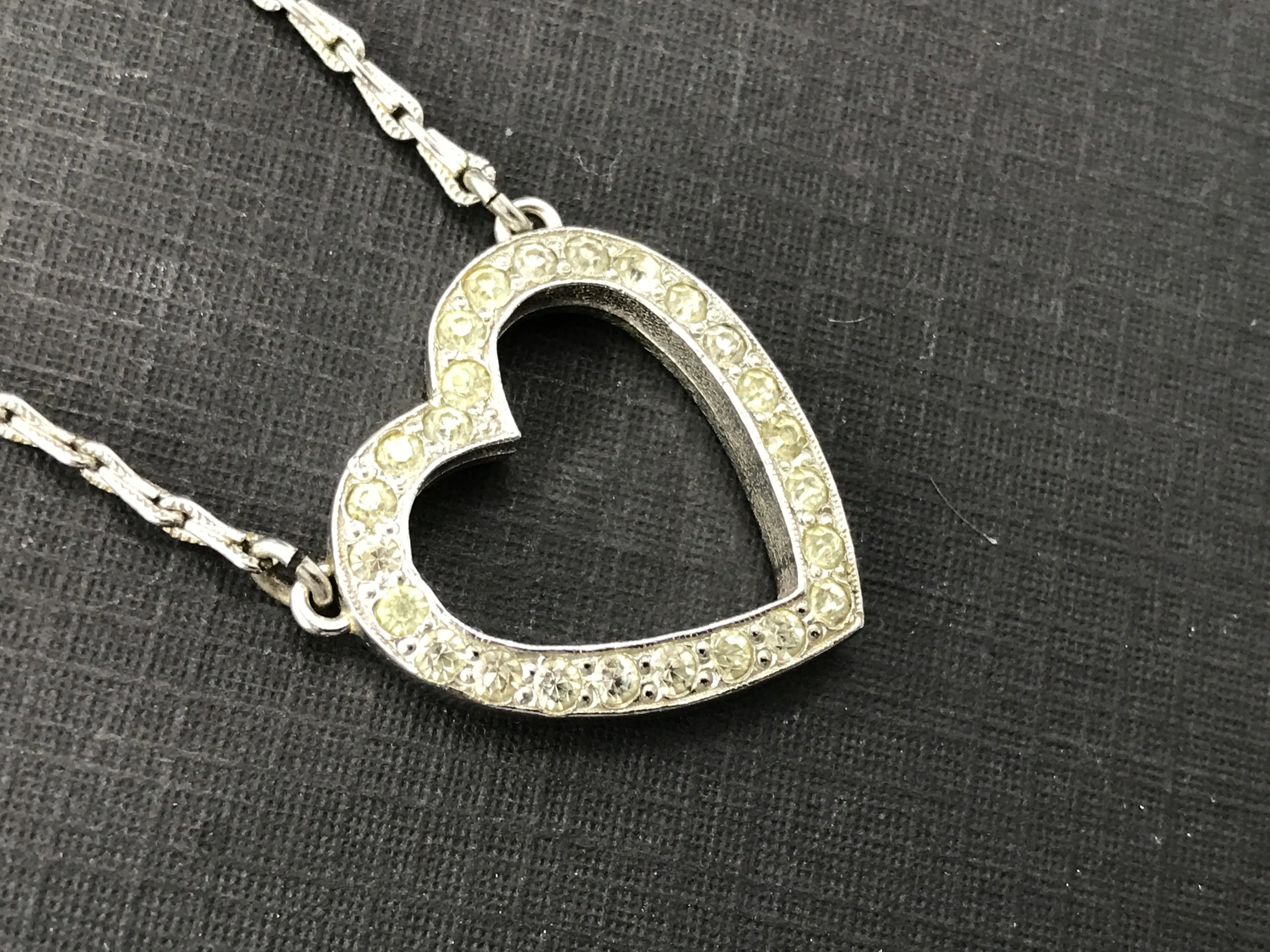 Retro Sterling Silver Rhinestone Open Heart Necklace c.1930's