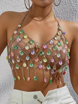 Rhinestone Corset Halter Crop Top - Sexy Y2K See-Through Tank Top for Clubbing and Summer Parties