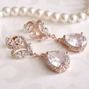 Rose Gold Cubic Zirconia Leaf Filigree Bridal Earrings. Rose Gold CZ Teardrop Crystal Wedding Earrings. Blush Wedding. Bridesmaid Earrings.