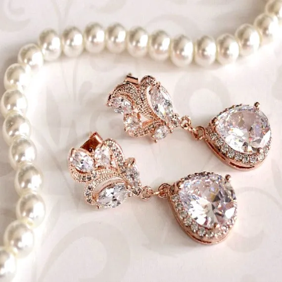 Rose Gold Cubic Zirconia Leaf Filigree Bridal Earrings. Rose Gold CZ Teardrop Crystal Wedding Earrings. Blush Wedding. Bridesmaid Earrings.