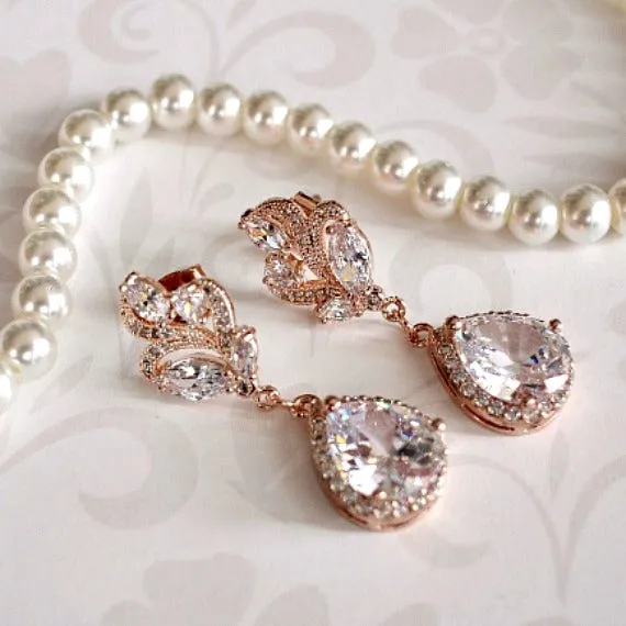 Rose Gold Cubic Zirconia Leaf Filigree Bridal Earrings. Rose Gold CZ Teardrop Crystal Wedding Earrings. Blush Wedding. Bridesmaid Earrings.