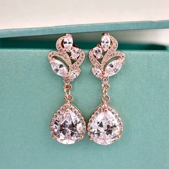 Rose Gold Cubic Zirconia Leaf Filigree Bridal Earrings. Rose Gold CZ Teardrop Crystal Wedding Earrings. Blush Wedding. Bridesmaid Earrings.