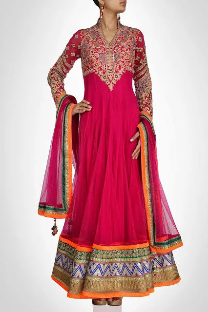 Rose pink long length anarkali suit with pink border available online