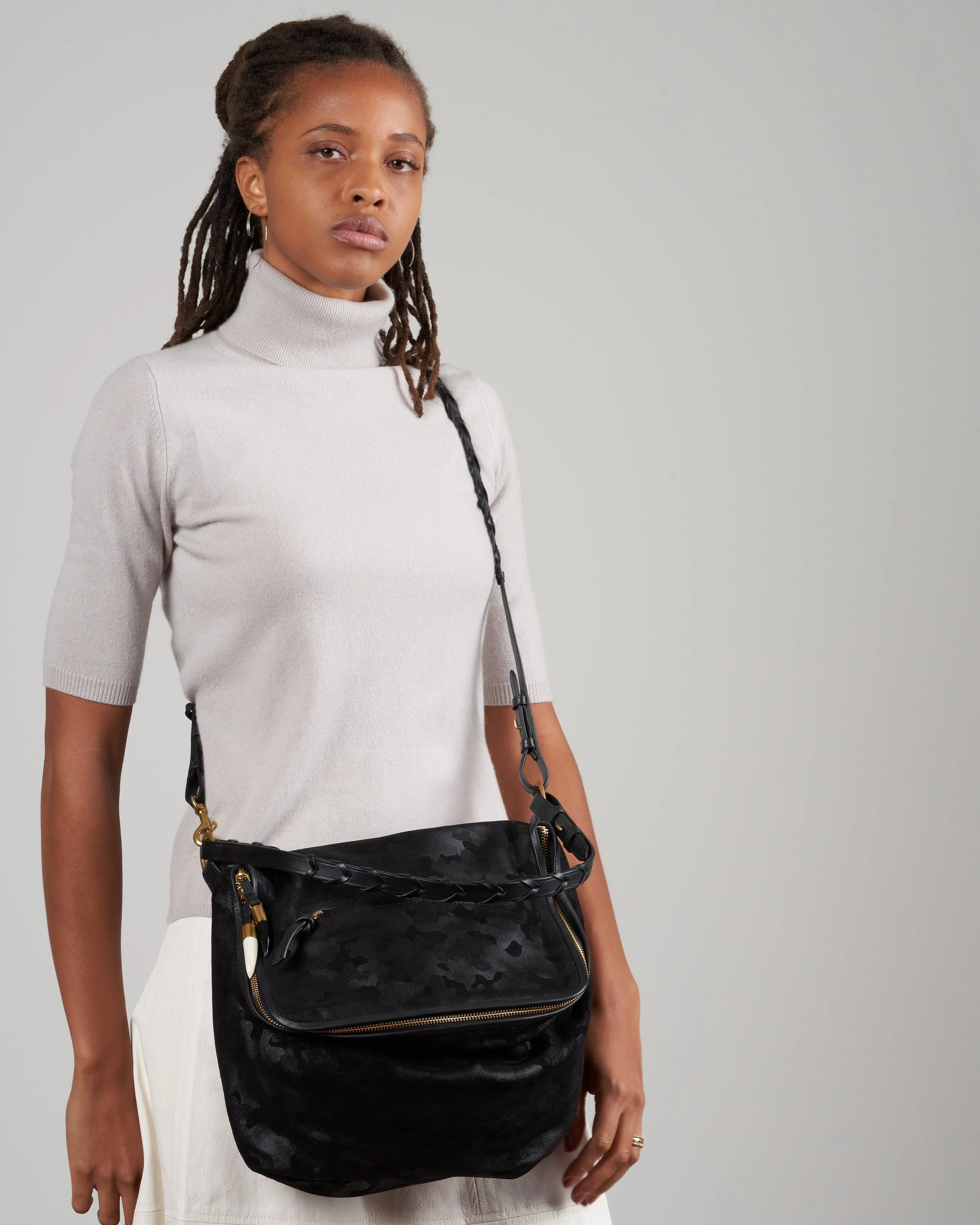 rough night handbag - black camo suede